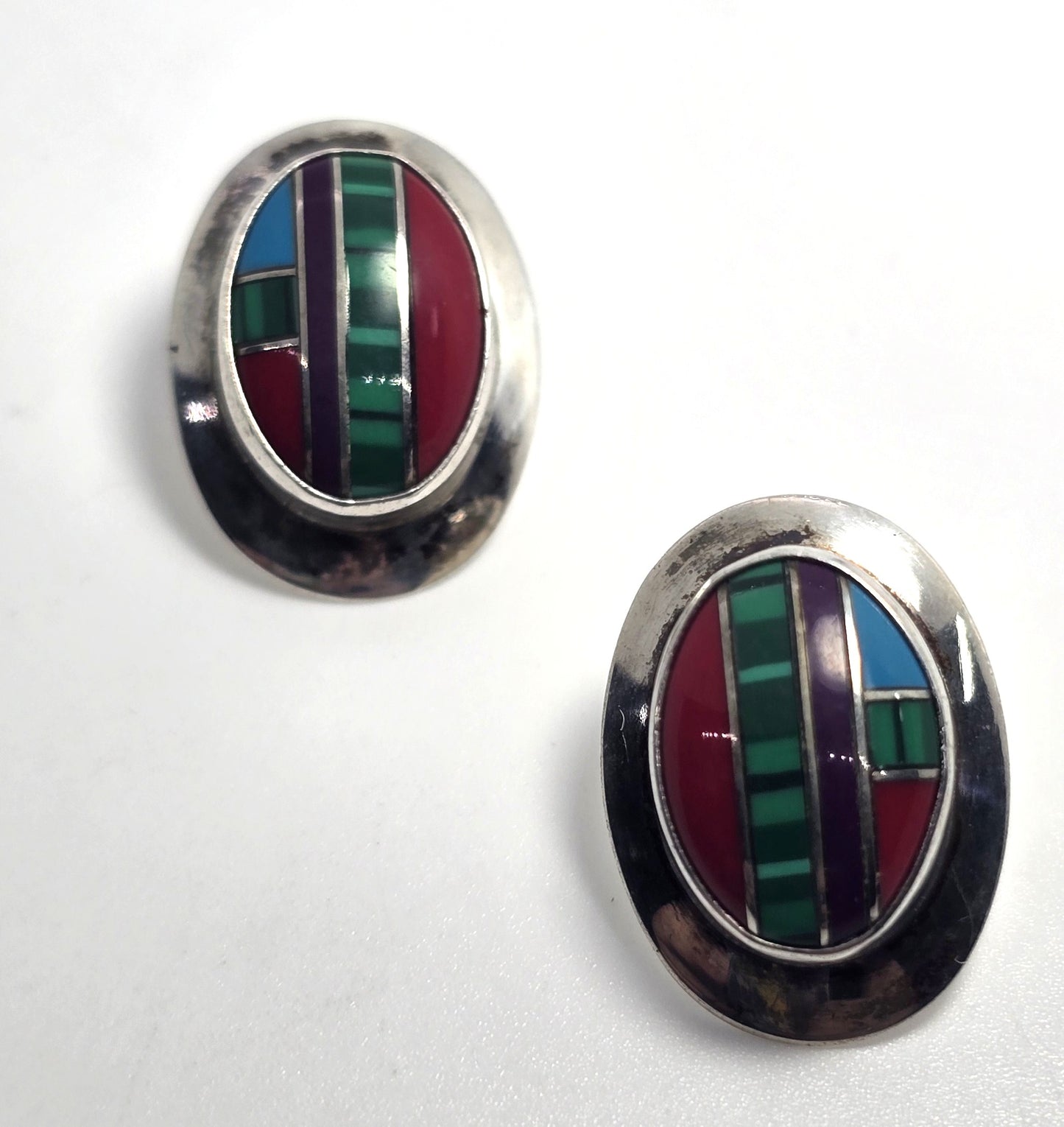 Southwestern multi gemstone inlay sterling silver vintage large stud earrings