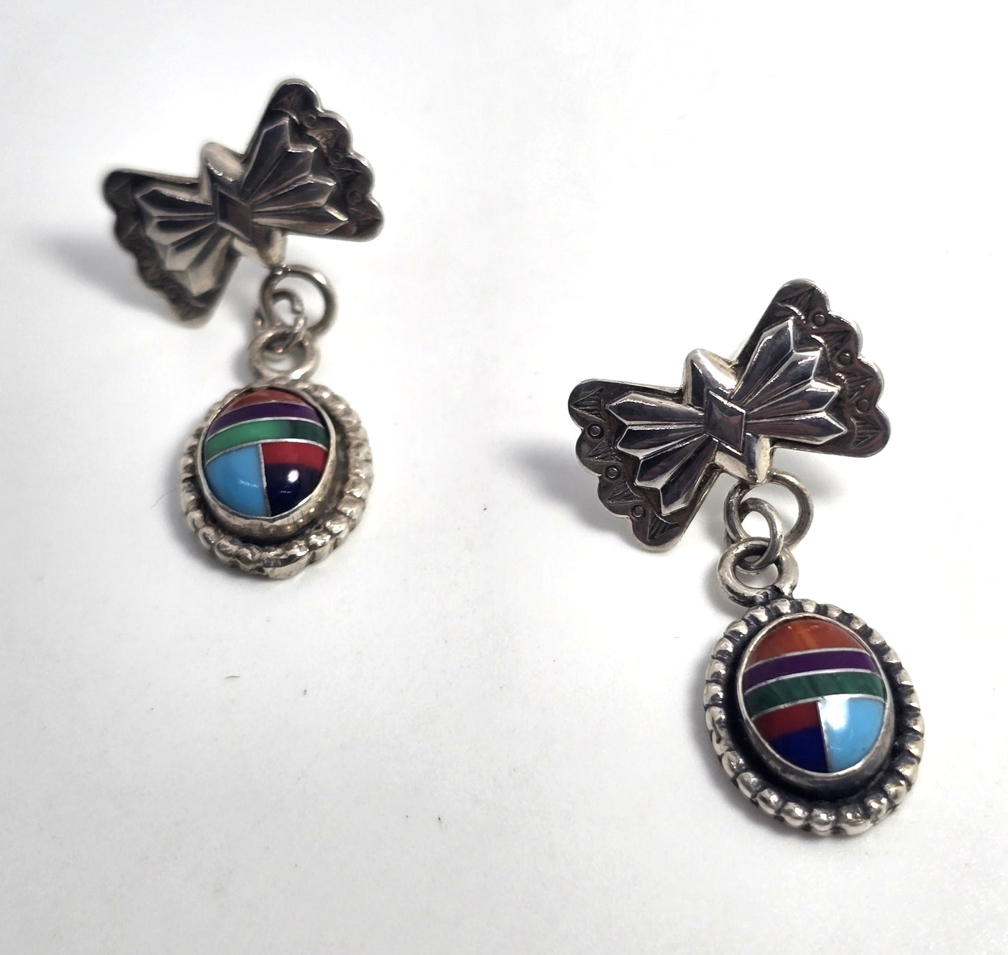 Southwestern Bow multi gemstone inlay sterling silver vintage drop post earrings