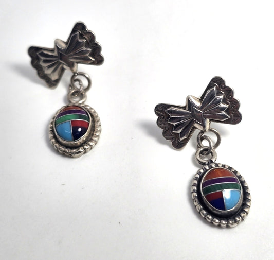 Southwestern Bow multi gemstone inlay sterling silver vintage drop post earrings