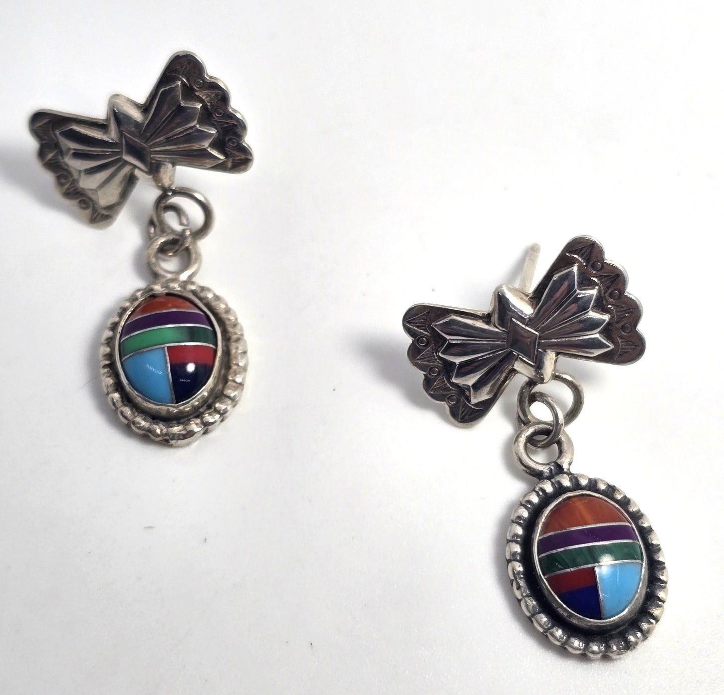 Southwestern Bow multi gemstone inlay sterling silver vintage drop post earrings