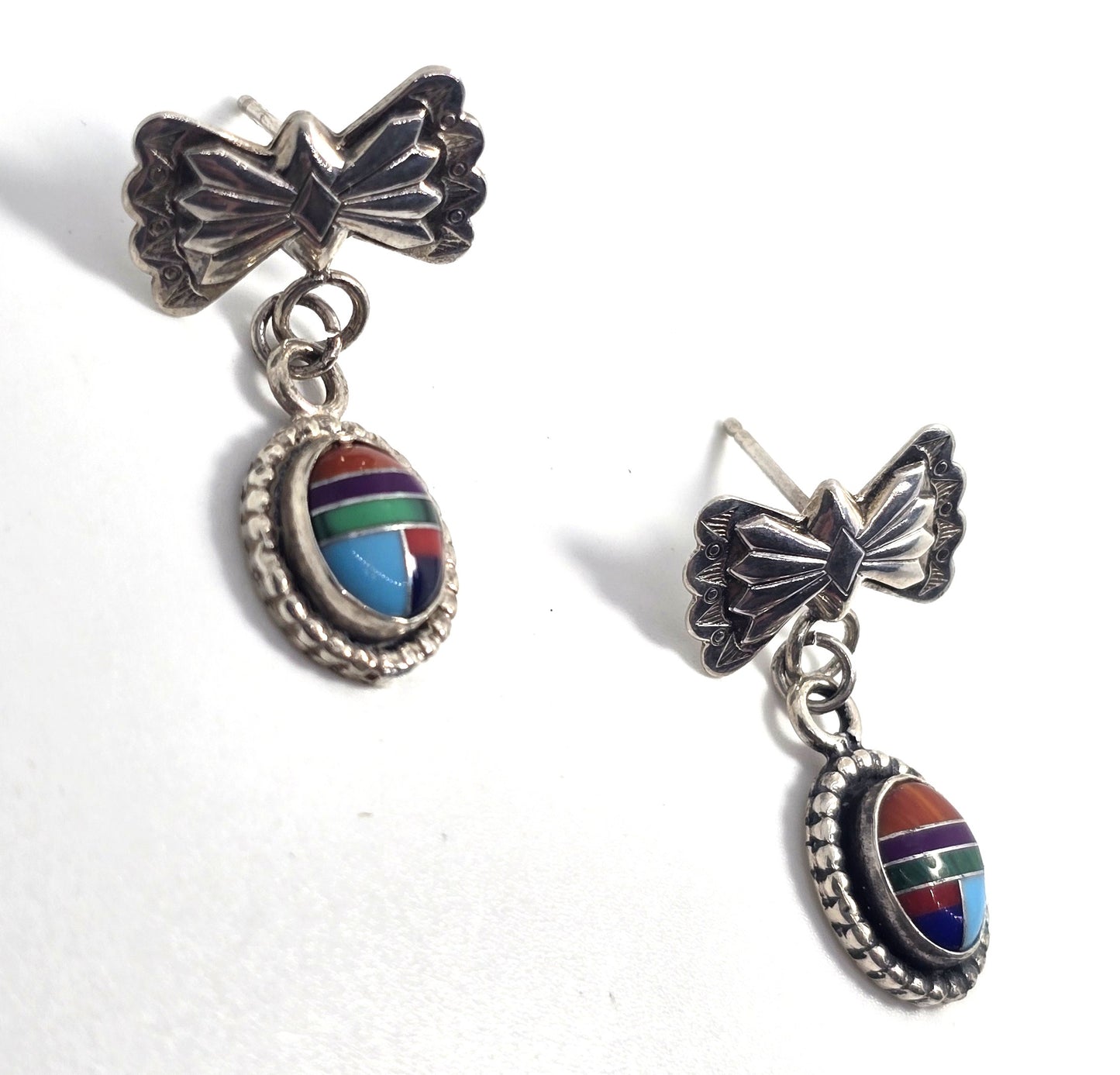 Southwestern Bow multi gemstone inlay sterling silver vintage drop post earrings