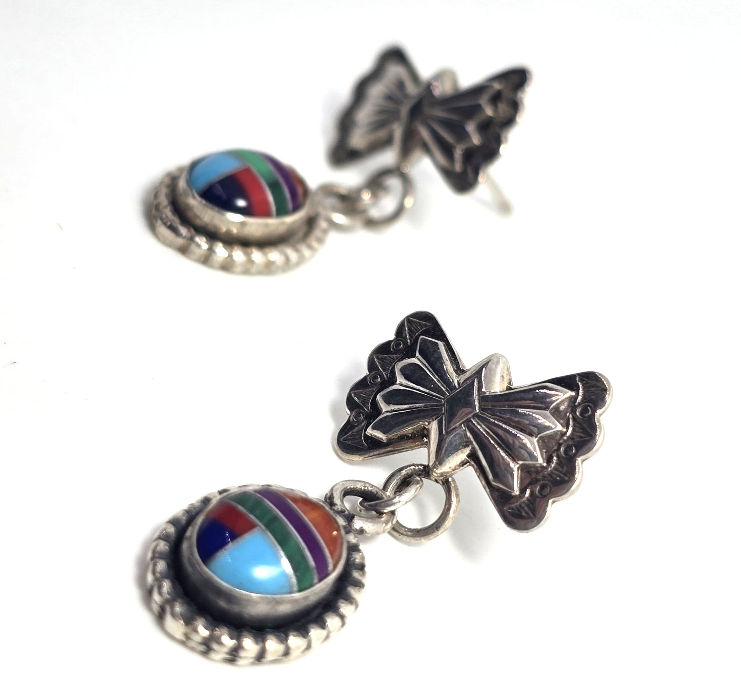 Southwestern Bow multi gemstone inlay sterling silver vintage drop post earrings