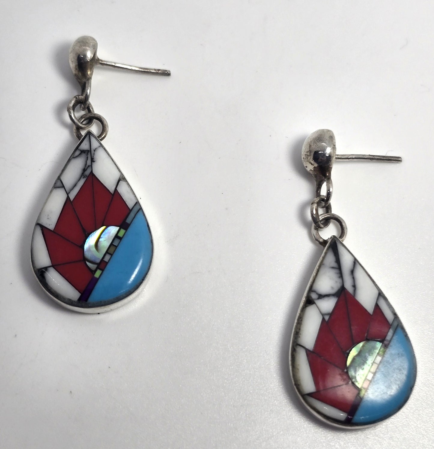 Southwestern Artisan multi gemstone inlay sterling silver vintage drop post earrings