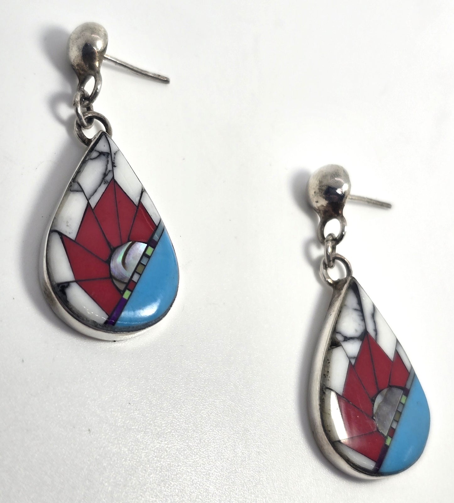 Southwestern Artisan multi gemstone inlay sterling silver vintage drop post earrings
