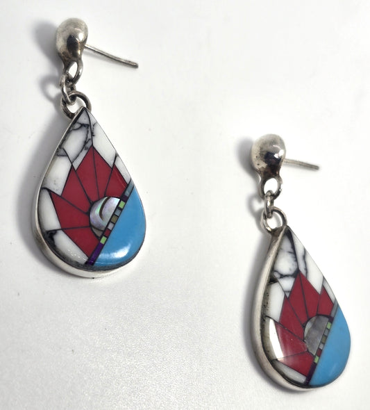 Southwestern Artisan multi gemstone inlay sterling silver vintage drop post earrings