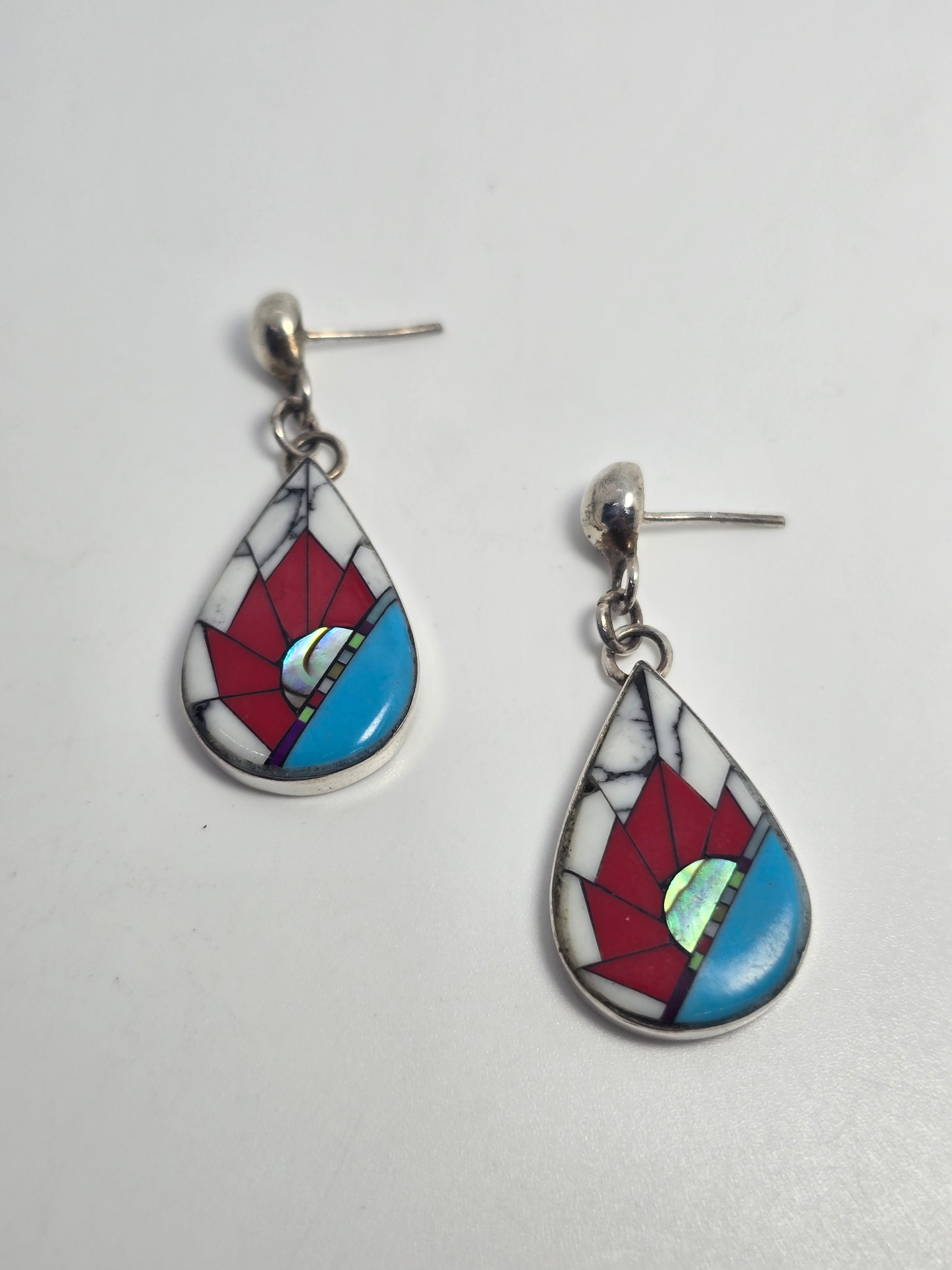 Southwestern Artisan multi gemstone inlay sterling silver vintage drop post earrings