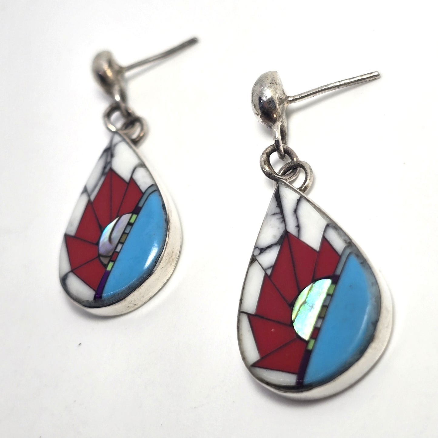 Southwestern Artisan multi gemstone inlay sterling silver vintage drop post earrings