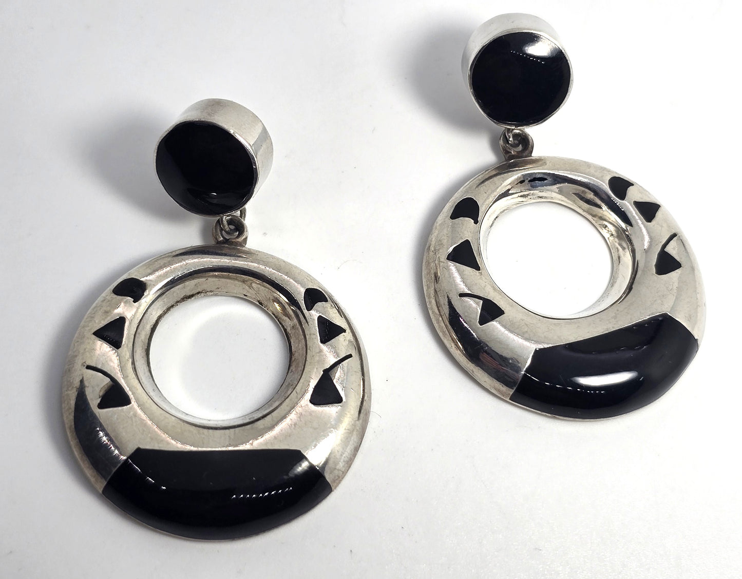 Mexican Taxco onyx thick sterling silver artisan vintage post hoop earrings