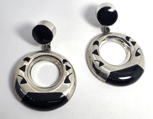 Mexican Taxco onyx thick sterling silver artisan vintage post hoop earrings
