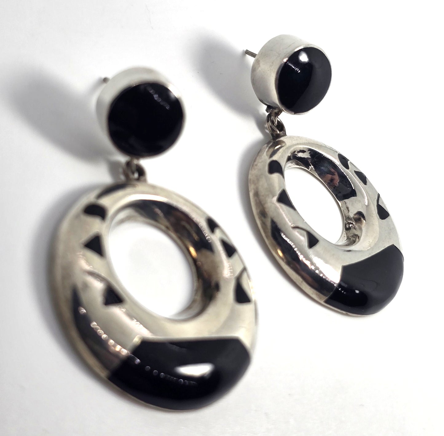 Mexican Taxco onyx thick sterling silver artisan vintage post hoop earrings