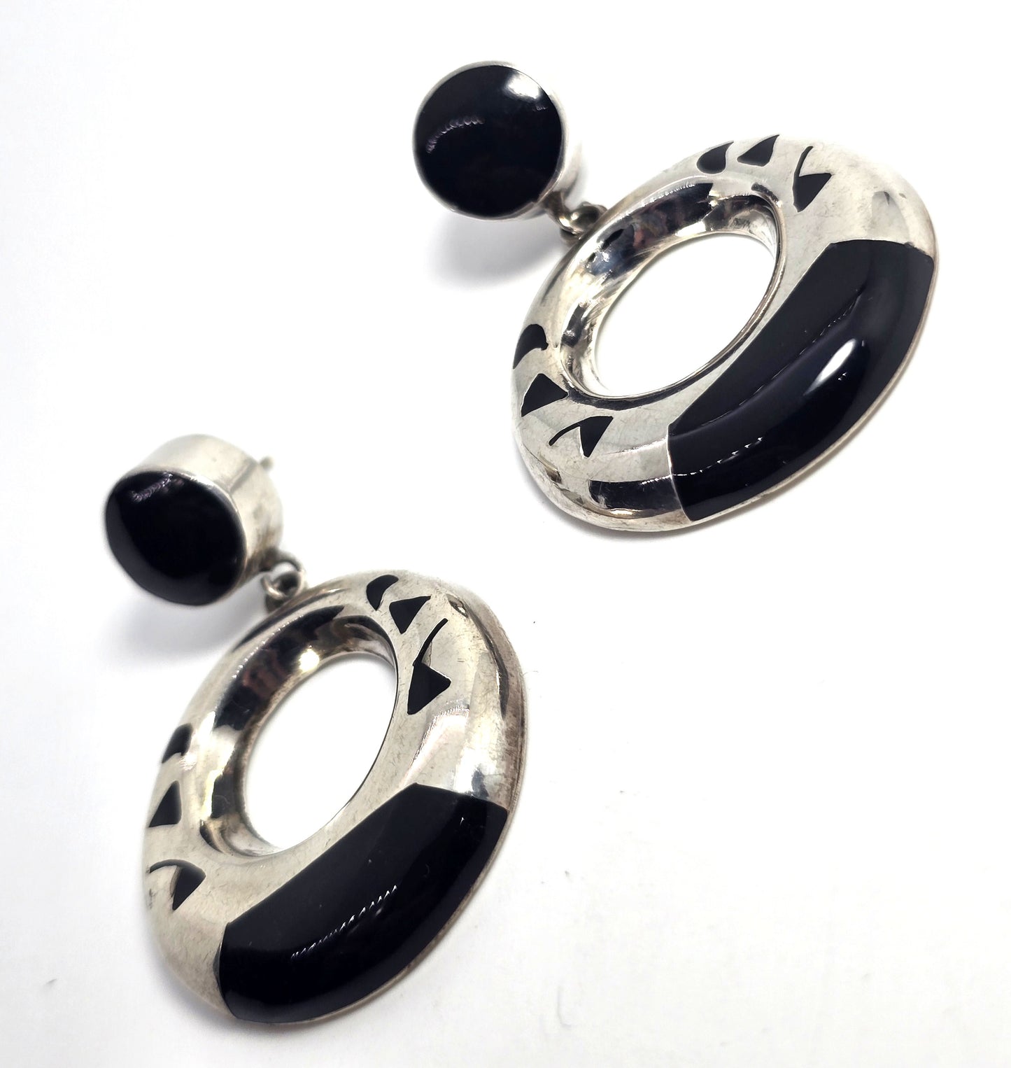 Mexican Taxco onyx thick sterling silver artisan vintage post hoop earrings