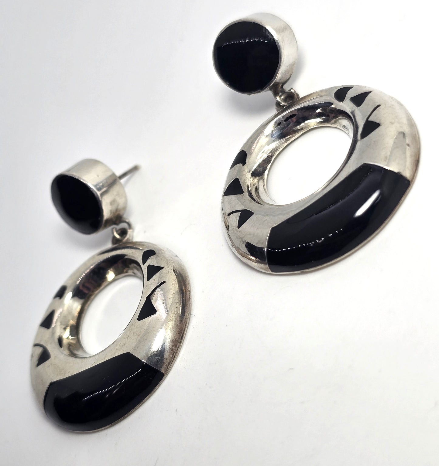 Mexican Taxco onyx thick sterling silver artisan vintage post hoop earrings