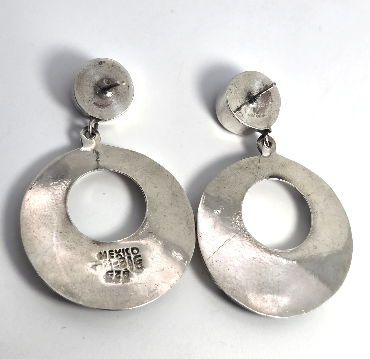 Mexican Taxco onyx thick sterling silver artisan vintage post hoop earrings
