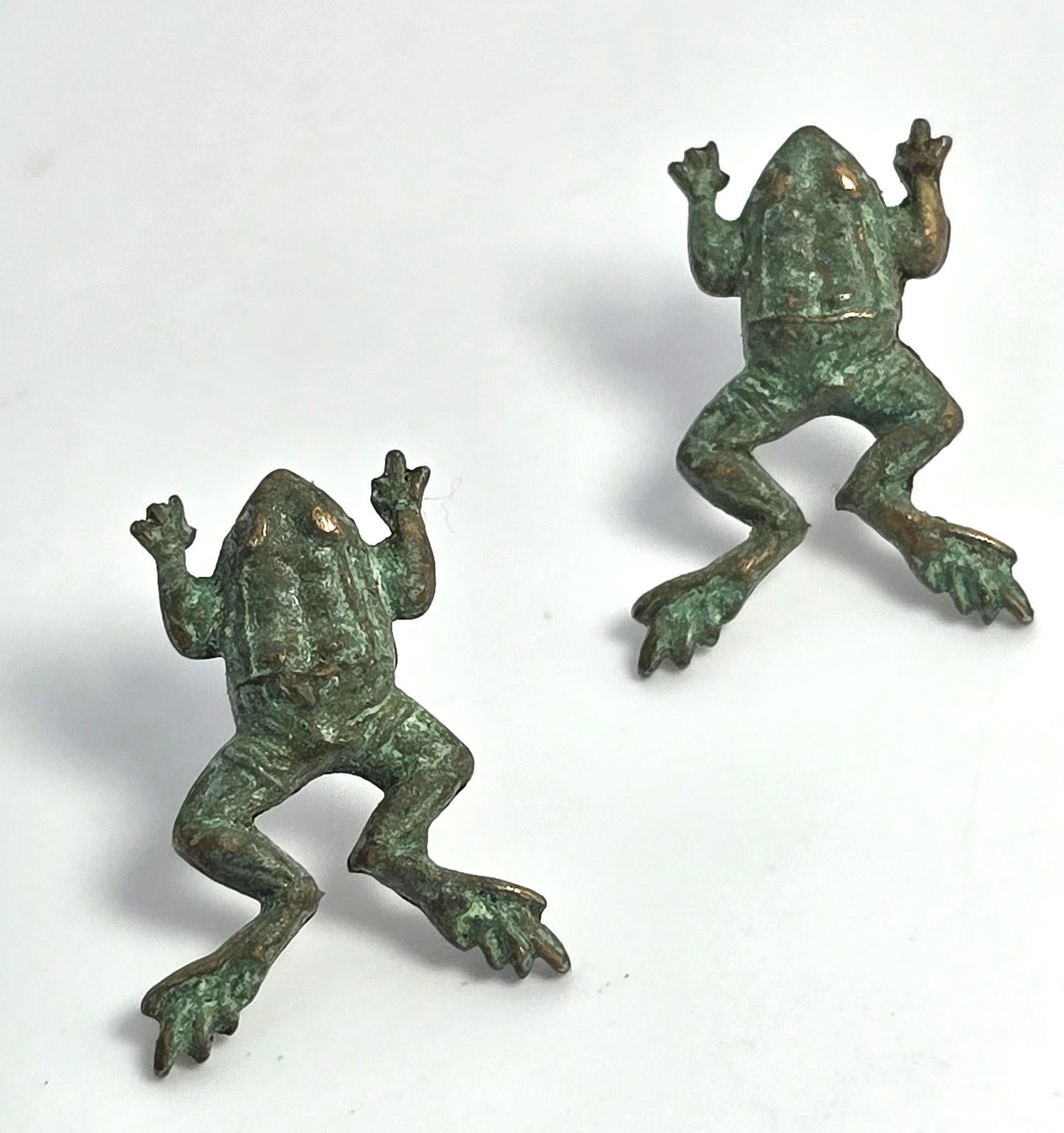 Jumping frog green brass vintage post stud earrings