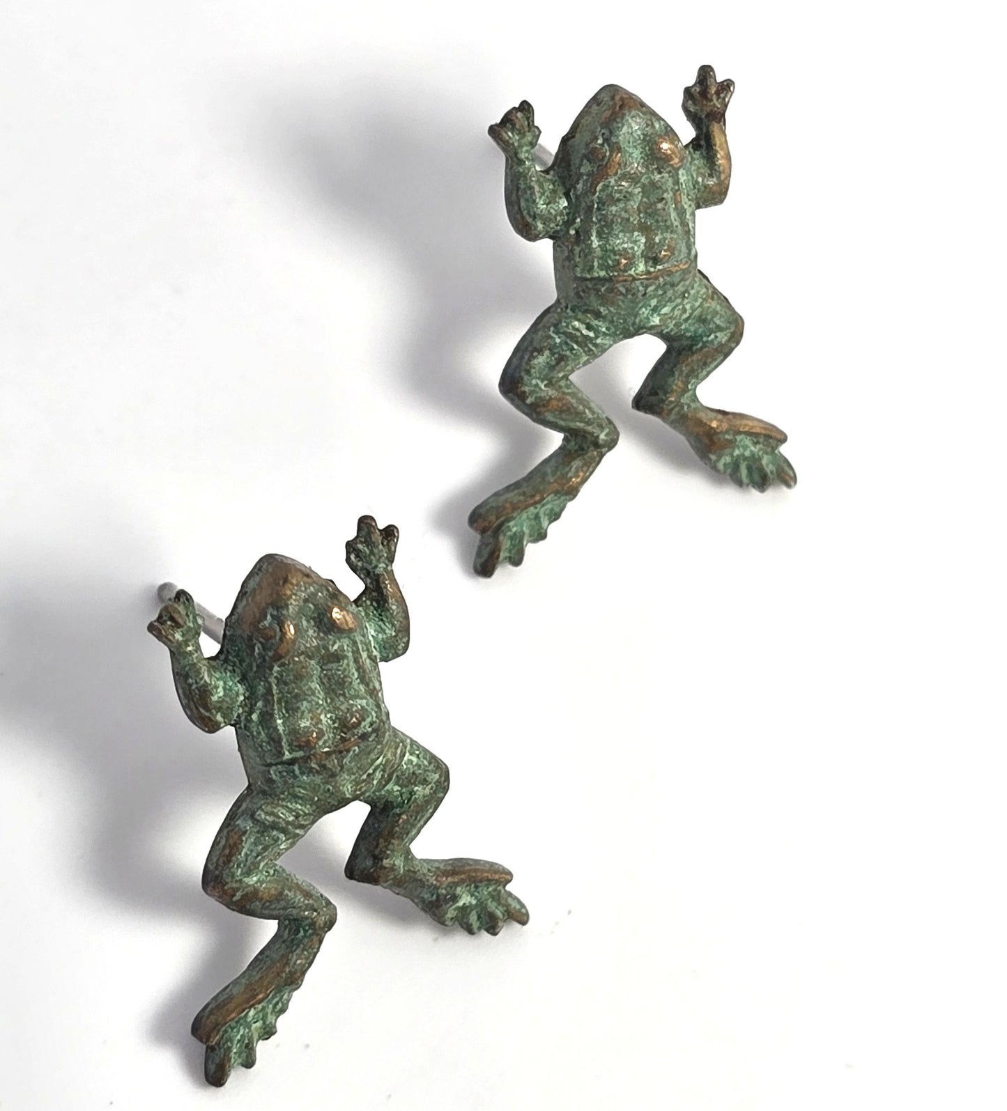 Jumping frog green brass vintage post stud earrings