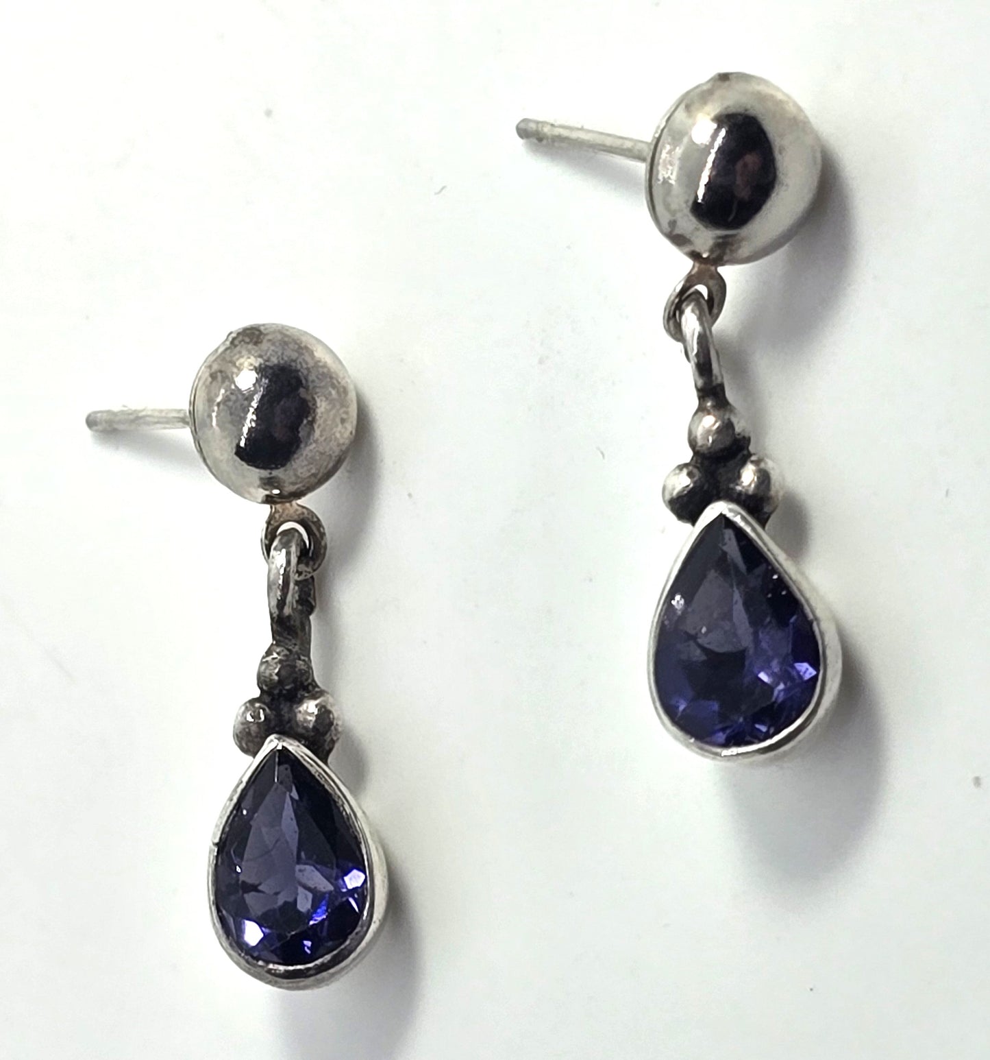 Iolite pear cut tribal Balinese style vintage sterling silver post drop earrings