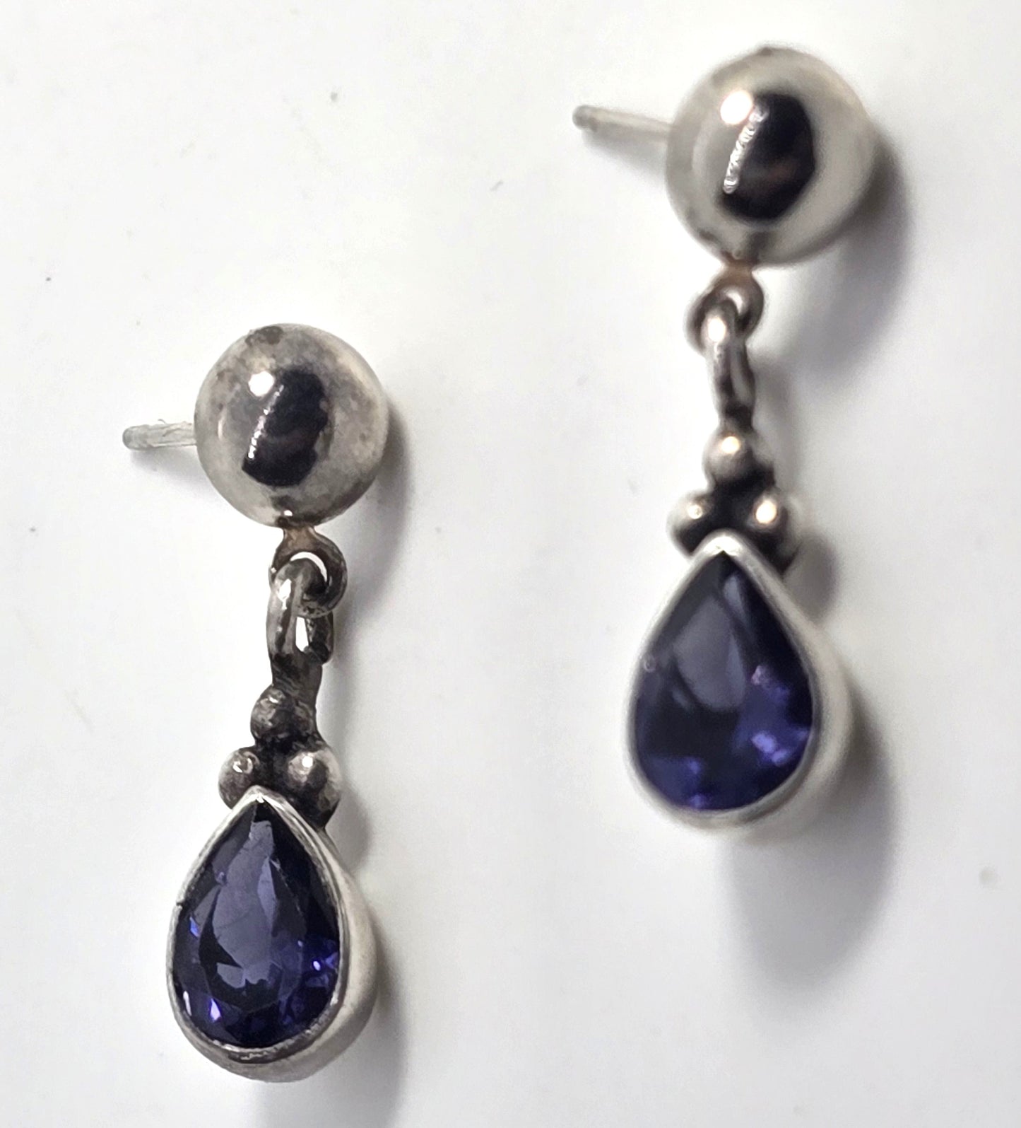 Iolite pear cut tribal Balinese style vintage sterling silver post drop earrings