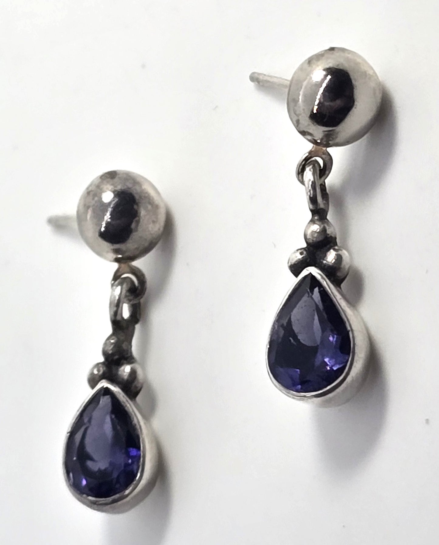 Iolite pear cut tribal Balinese style vintage sterling silver post drop earrings