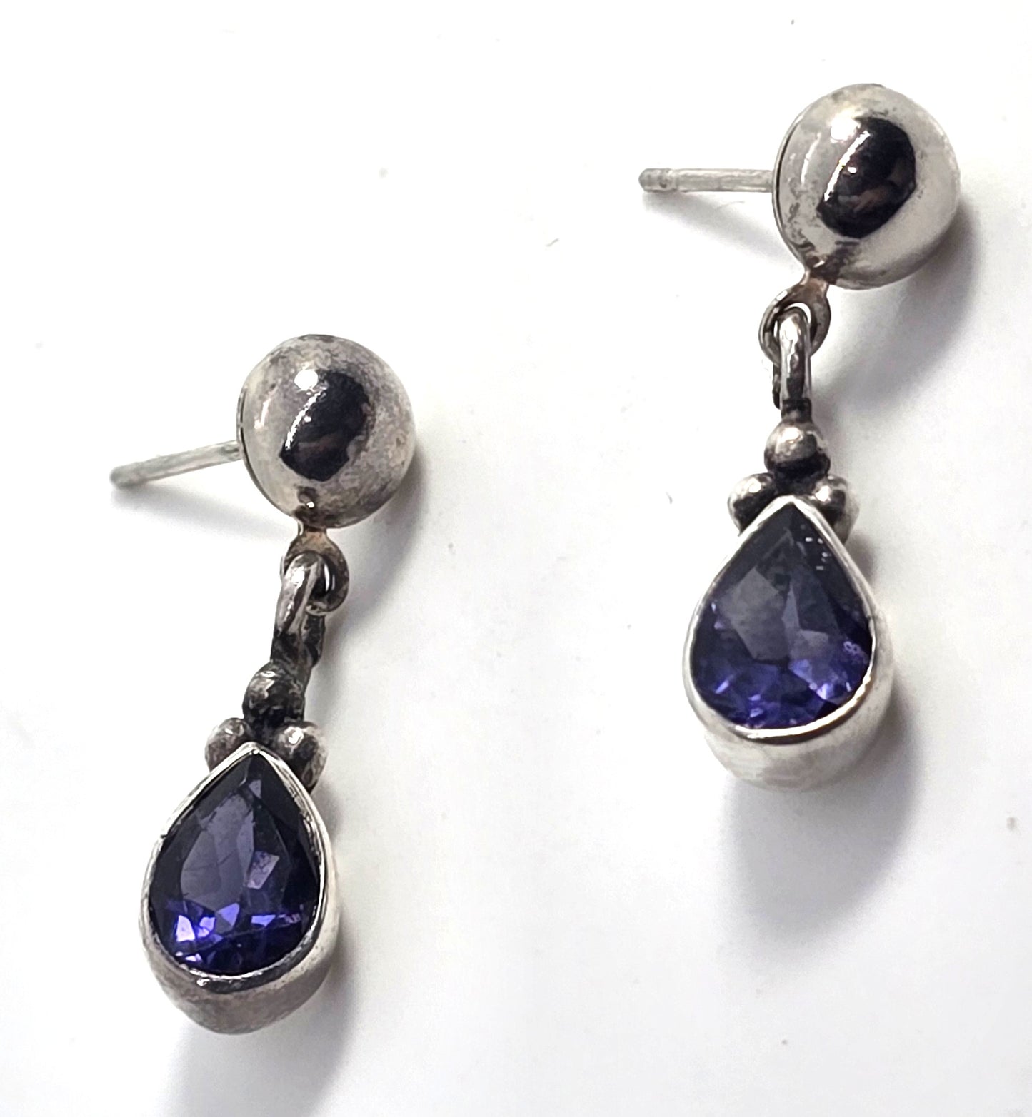 Iolite pear cut tribal Balinese style vintage sterling silver post drop earrings