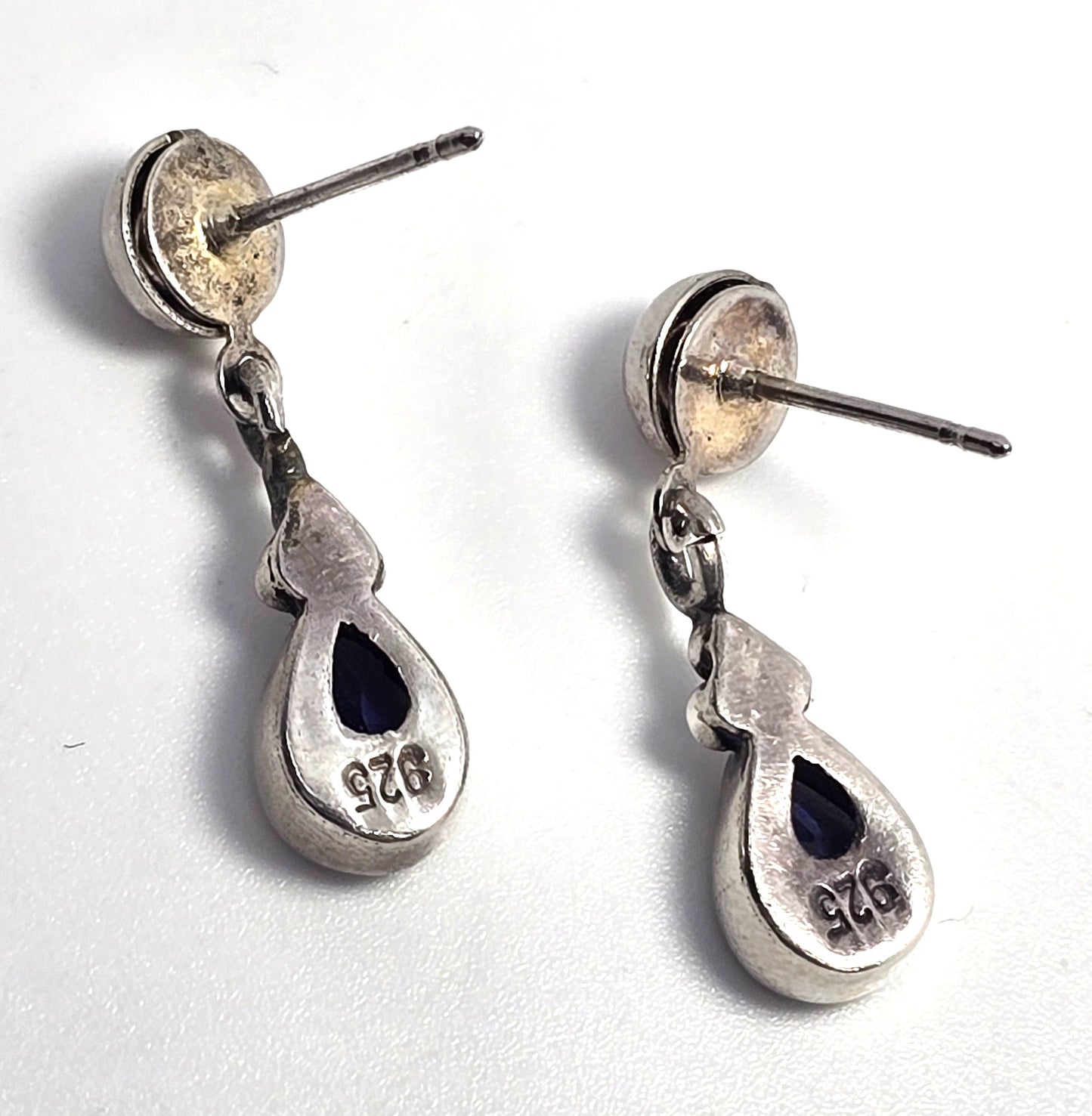 Iolite pear cut tribal Balinese style vintage sterling silver post drop earrings