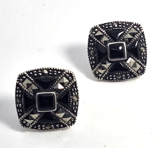 Black onyx and marcasite pyramid sterling silver square vintage post earrings