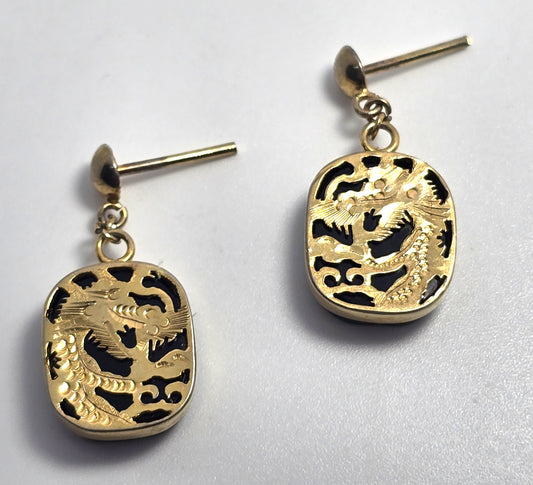 Vintage dragon yellow gold filled black onyx silhouette vintage post earrings