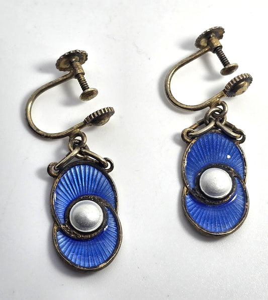 Aksel Holmes Norway Blue white Guilloche Enamel Sterling Silver vermeil earrings