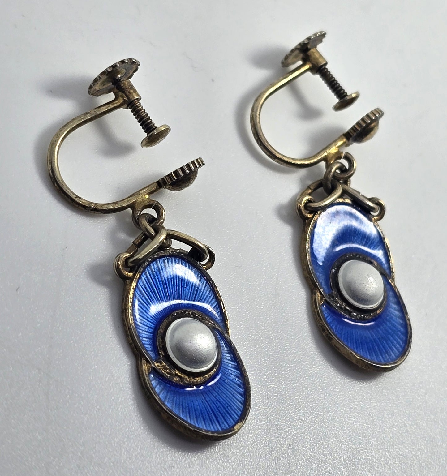 Aksel Holmes Norway Blue white Guilloche Enamel Sterling Silver vermeil earrings