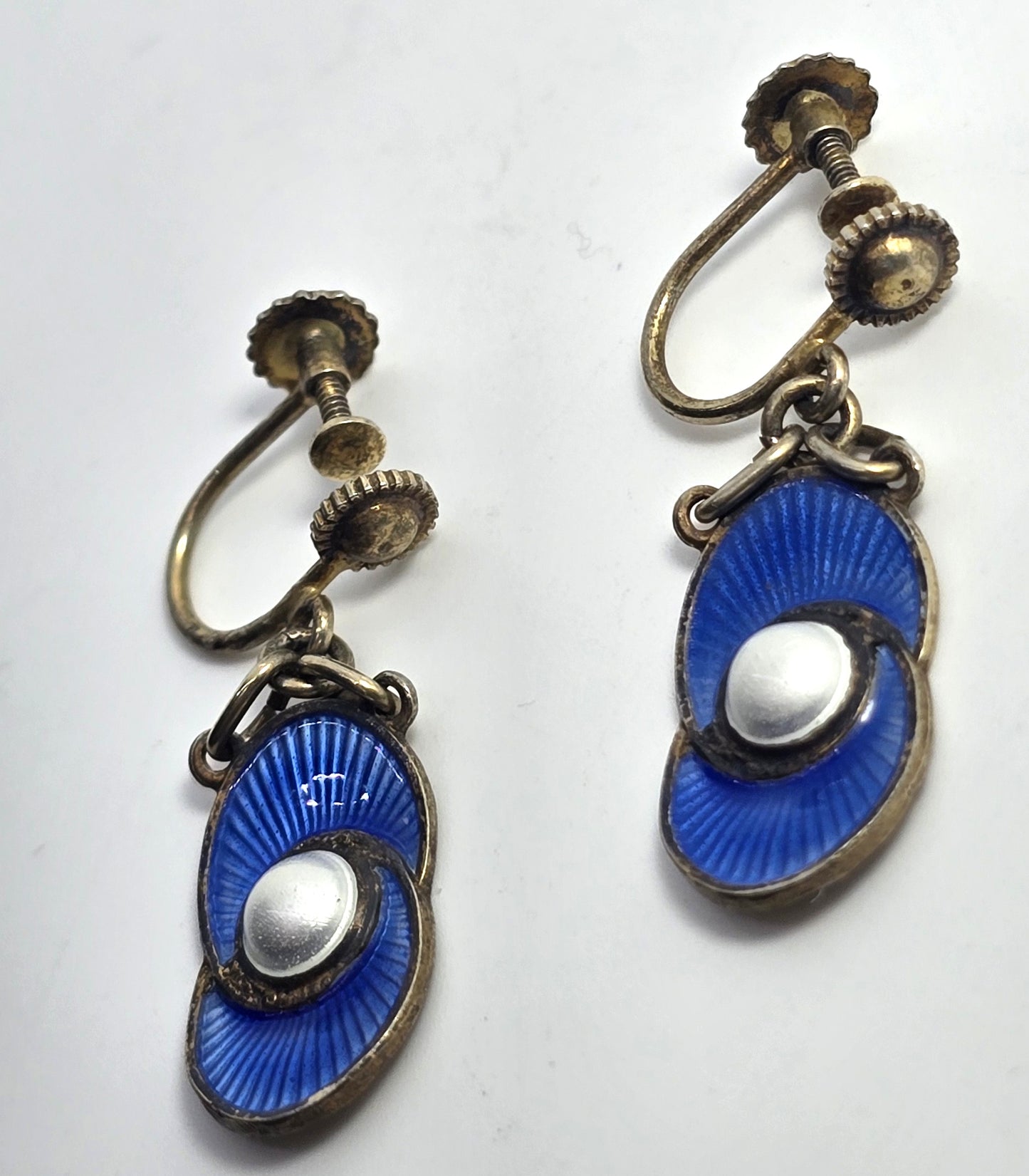Aksel Holmes Norway Blue white Guilloche Enamel Sterling Silver vermeil earrings