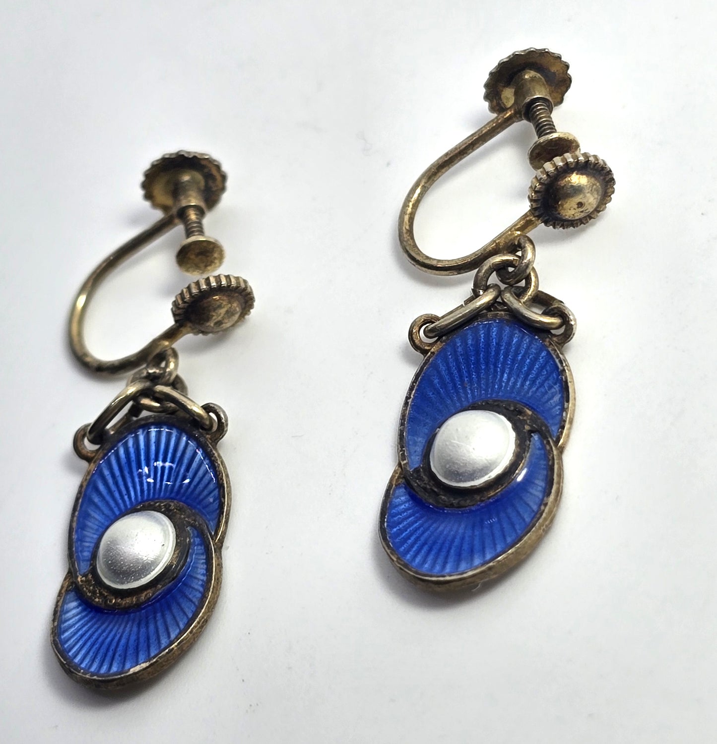 Aksel Holmes Norway Blue white Guilloche Enamel Sterling Silver vermeil earrings