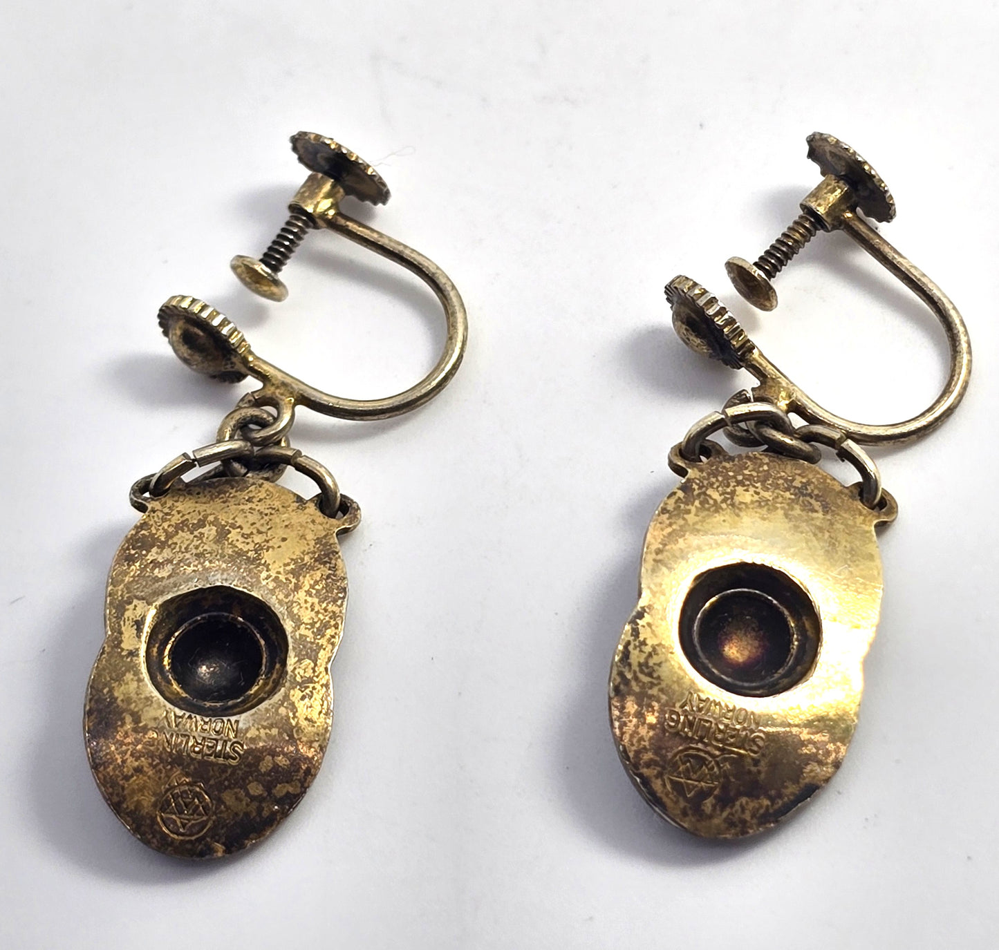 Aksel Holmes Norway Blue white Guilloche Enamel Sterling Silver vermeil earrings