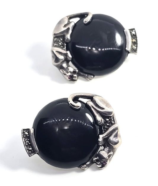Panther onyx marcasite Windsor Collection Art. D. Norman London sterling earrings