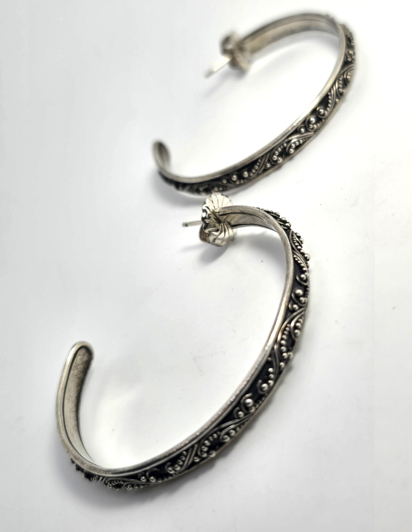 Lois Hill XL Bali Balinese Granulated 3mm Wide sterling silver 50mm hoop earrings