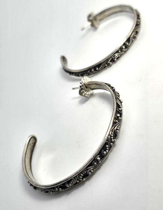 Lois Hill XL Bali Balinese Granulated 3mm Wide sterling silver 50mm hoop earrings