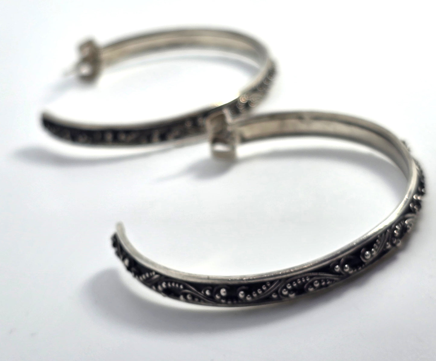 Lois Hill XL Bali Balinese Granulated 3mm Wide sterling silver 50mm hoop earrings