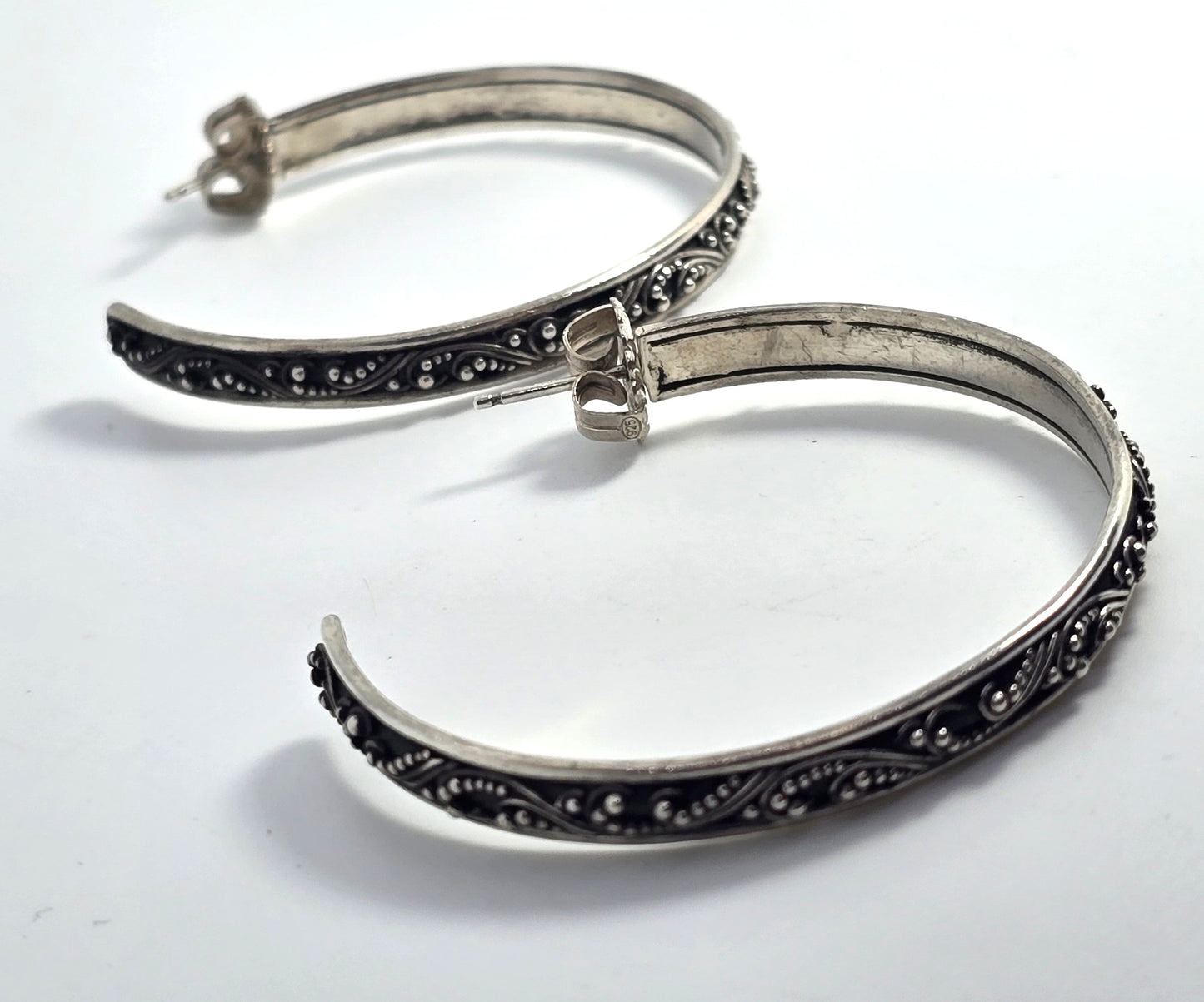 Lois Hill XL Bali Balinese Granulated 3mm Wide sterling silver 50mm hoop earrings