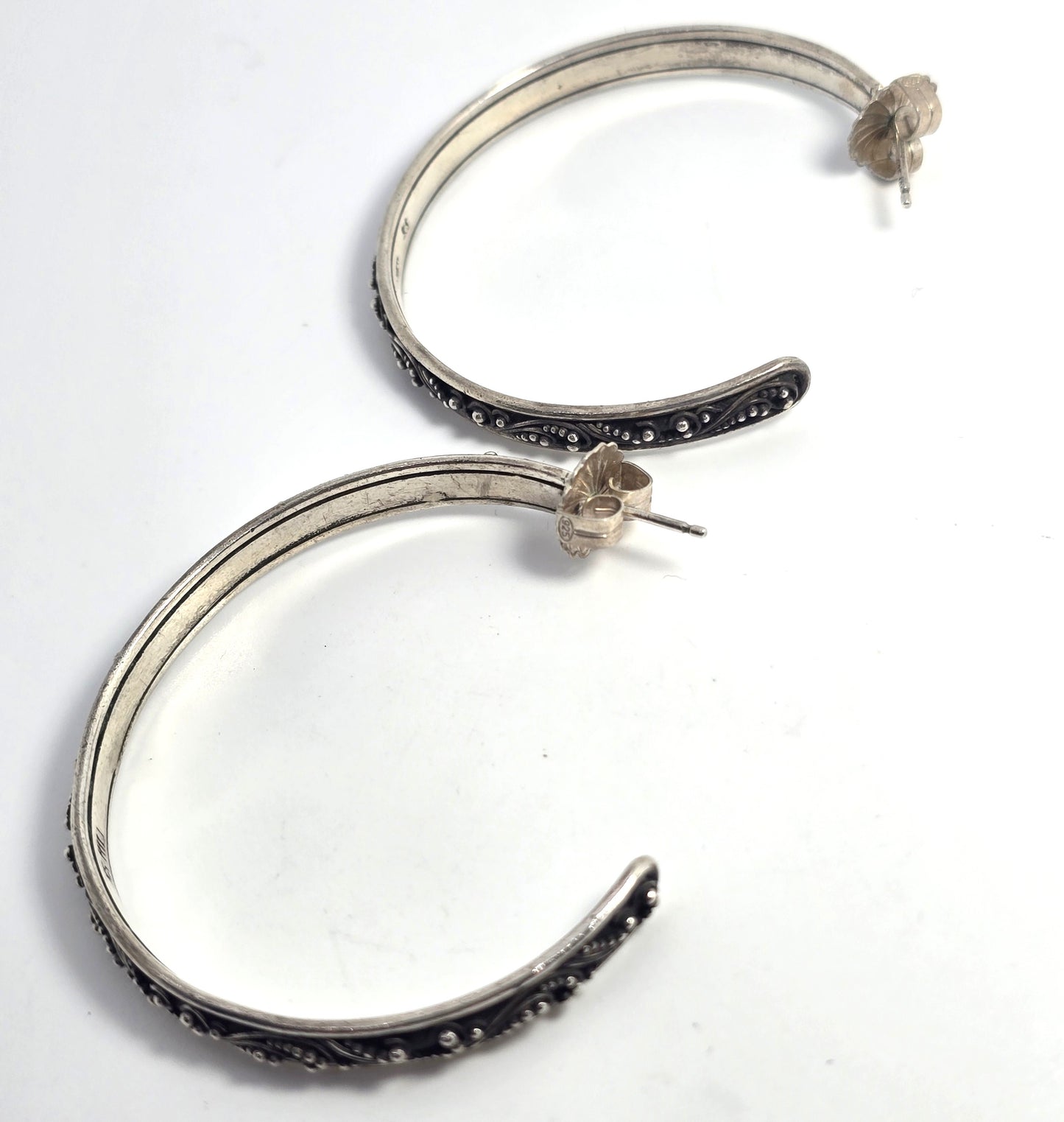 Lois Hill XL Bali Balinese Granulated 3mm Wide sterling silver 50mm hoop earrings