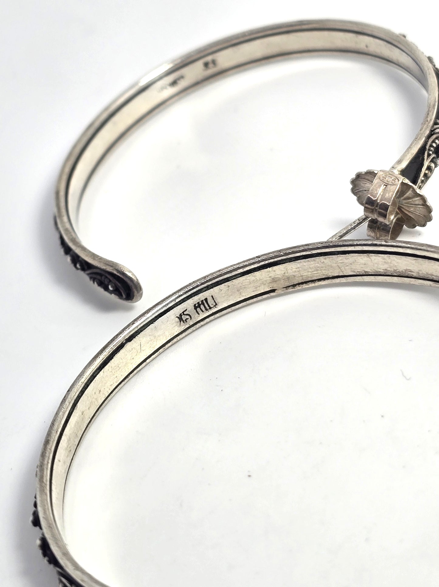 Lois Hill XL Bali Balinese Granulated 3mm Wide sterling silver 50mm hoop earrings