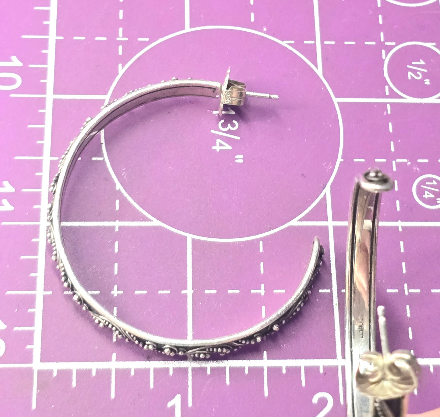 Lois Hill XL Bali Balinese Granulated 3mm Wide sterling silver 50mm hoop earrings
