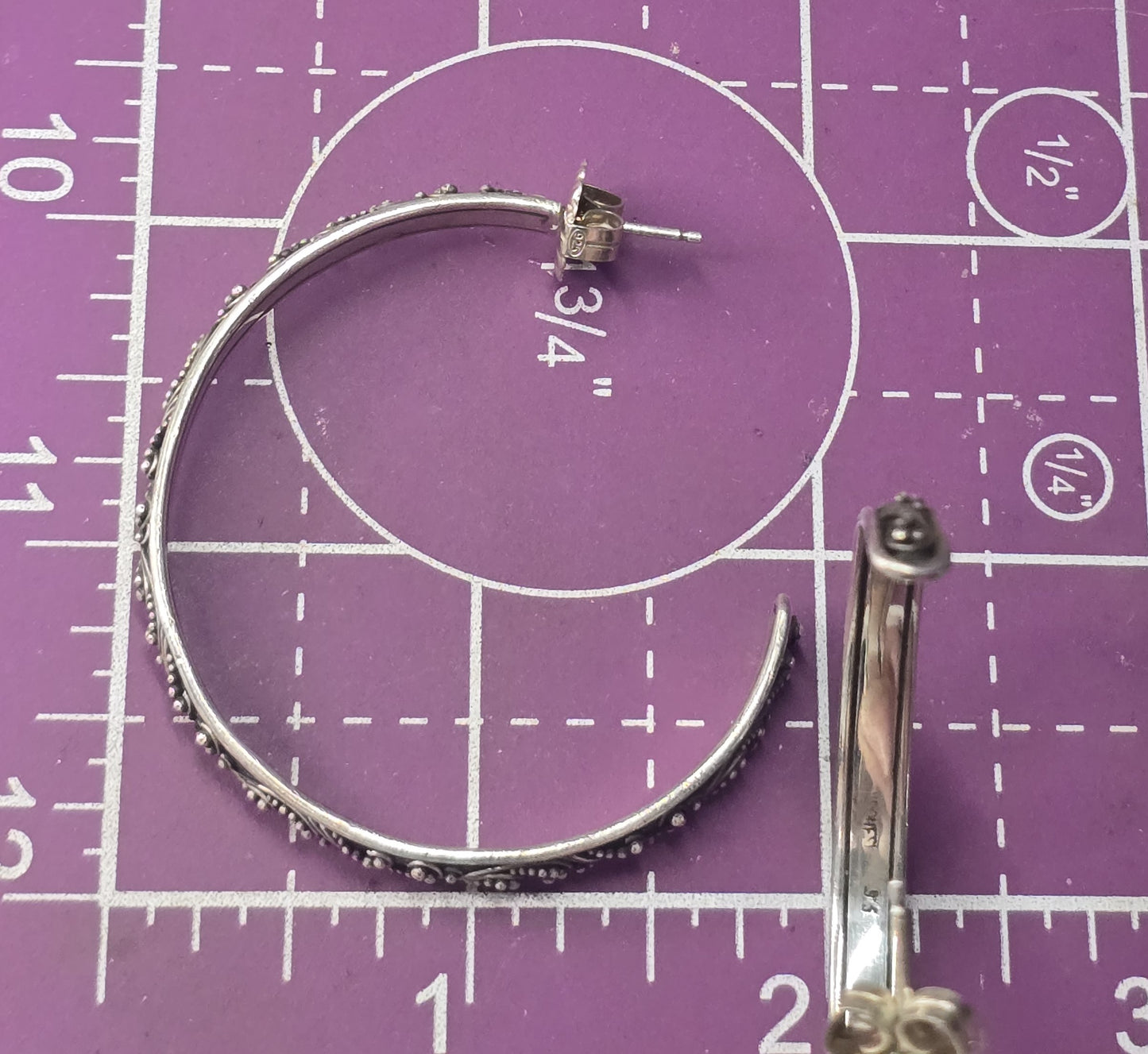 Lois Hill XL Bali Balinese Granulated 3mm Wide sterling silver 50mm hoop earrings