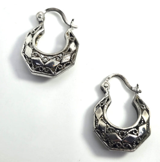 Tribal style open work octagonal vintage sterling silver lever back hoop earrings