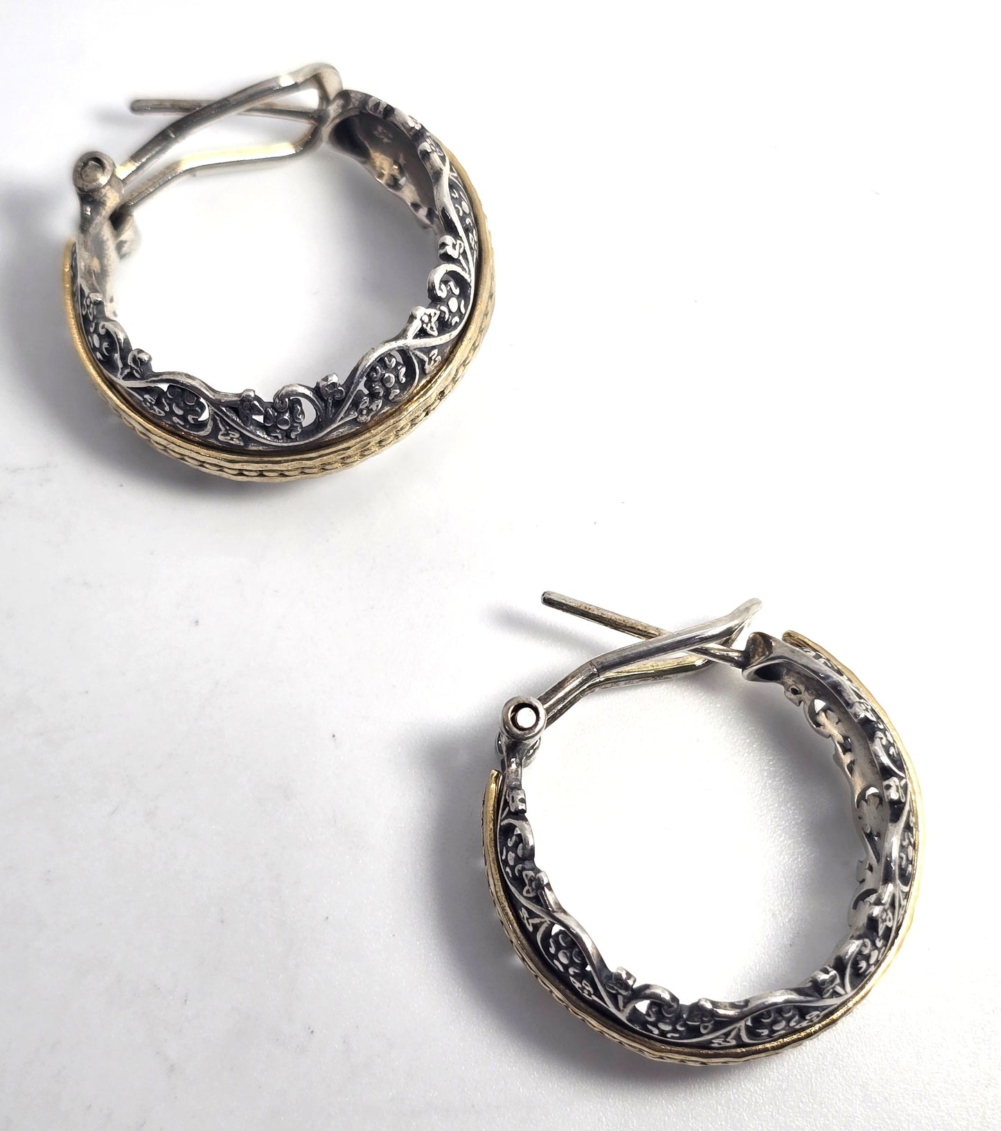 PZ Israel two tone open work vintage thick sterling silver lever back hoop earrings