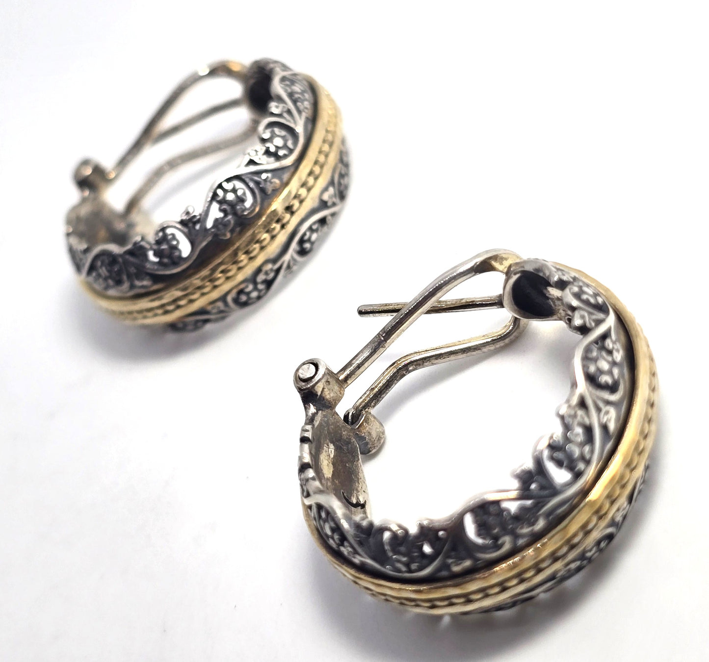 PZ Israel two tone open work vintage thick sterling silver lever back hoop earrings