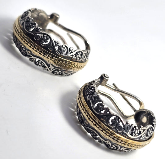 PZ Israel two tone open work vintage thick sterling silver lever back hoop earrings
