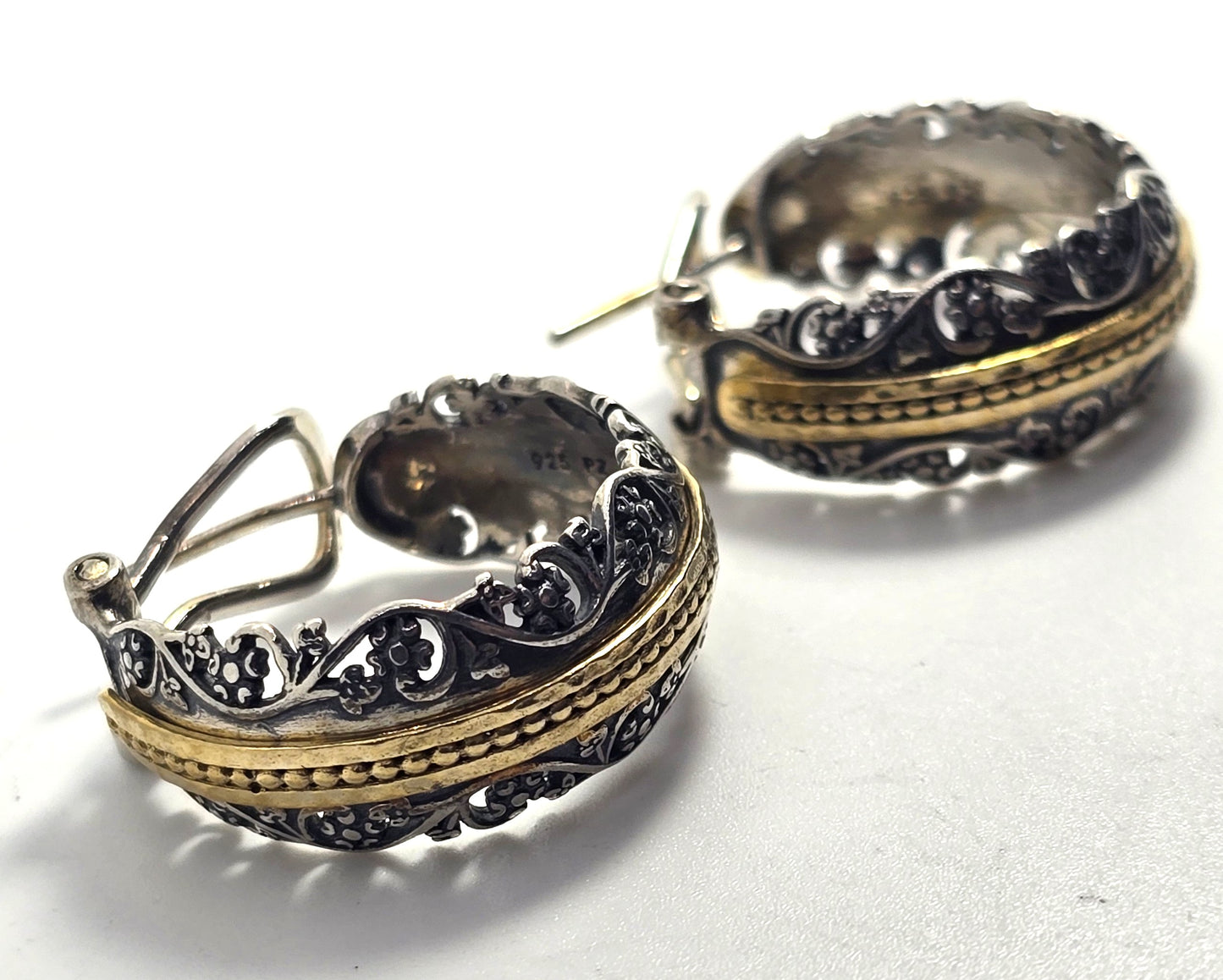 PZ Israel two tone open work vintage thick sterling silver lever back hoop earrings