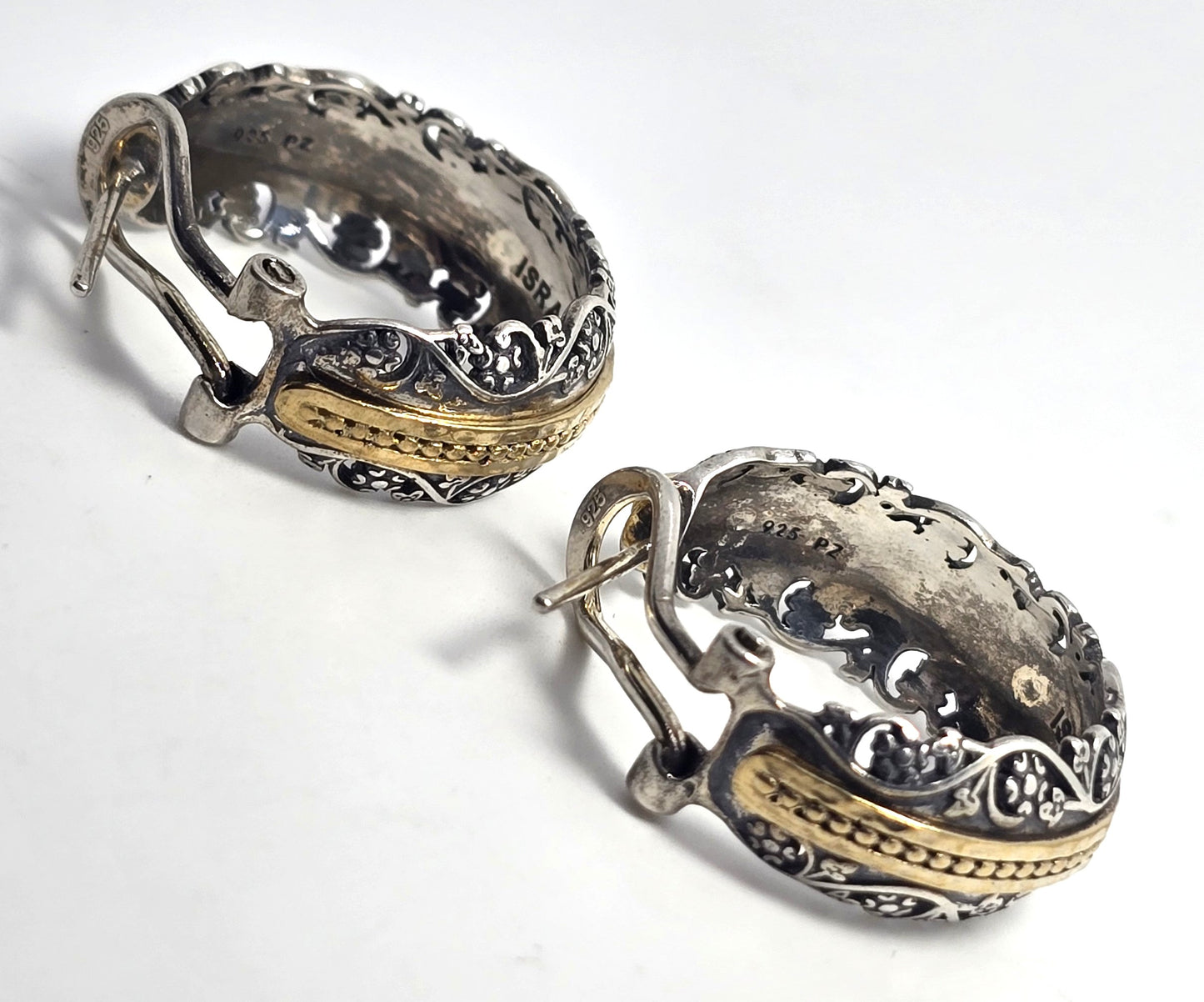 PZ Israel two tone open work vintage thick sterling silver lever back hoop earrings