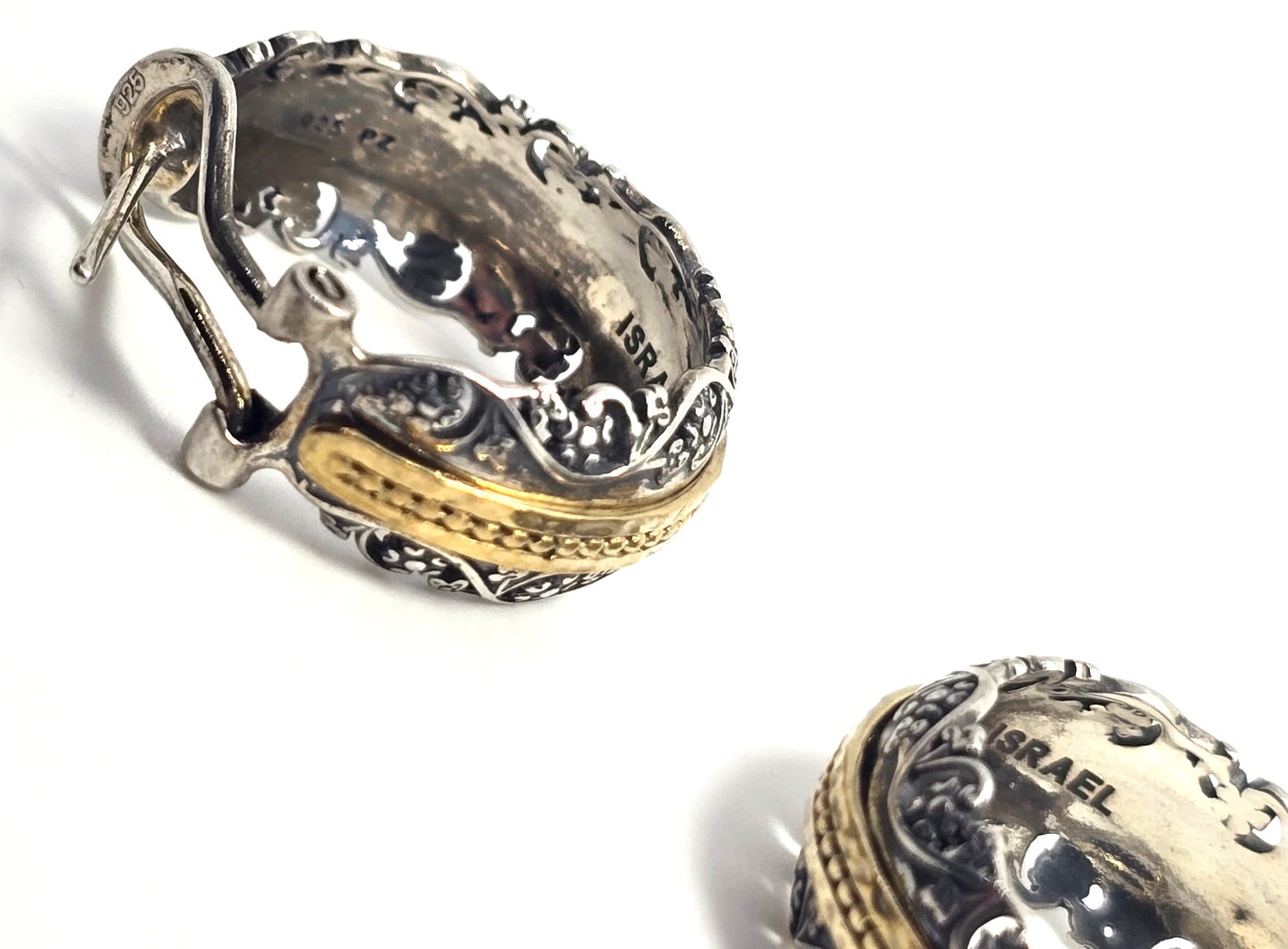 PZ Israel two tone open work vintage thick sterling silver lever back hoop earrings