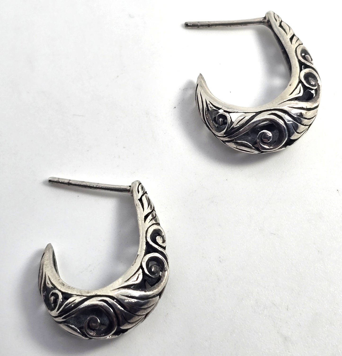 Scroll heart open work half hoop vintage sterling silver post earrings