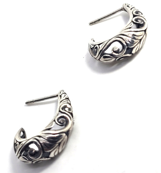 Scroll heart open work half hoop vintage sterling silver post earrings