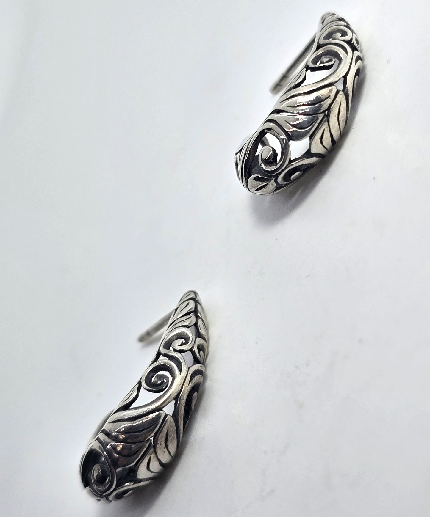 Scroll heart open work half hoop vintage sterling silver post earrings